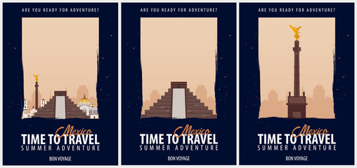 Set of Posters Travel to Mexico. Journey, trip and vacation. Vector travel illustration.