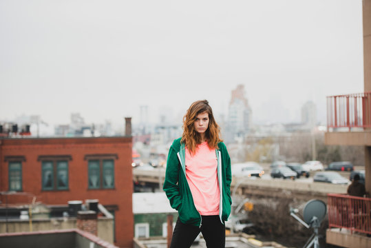 Beautiful girl on a rooftop in Brooklyn