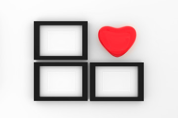 Blank picture frame templates set on living room wall with red heart