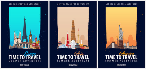 Set of Travel Posters. America, Europe, and Asia. Trip and vacation. Vector travel illustration.