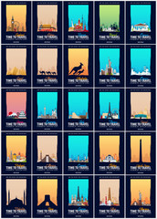 Set of Travel Posters to countries. America, Europe, and Asia. Trip and vacation. Vector travel illustration.