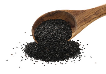 Black organic sesame seeds in wooden spoon isolated on white background