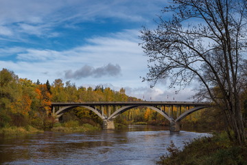 Landscape view of river Gauja with the old bridge , Latvia