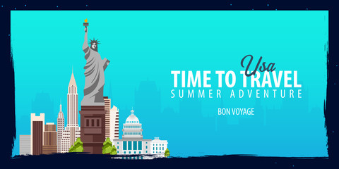 Obraz premium USA banner. Time to Travel. Journey, trip and vacation. Vector flat illustration.