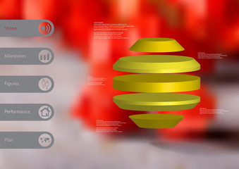 3D illustration infographic template with round octagon horizontally divided to five yellow slices