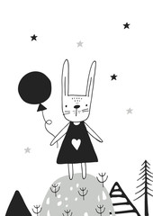 Cute hand drawn nursery poster with hare girl in scandinavian style. Monochrome vector illustration
