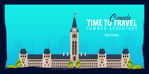 Obraz premium Canada banner. Time to Travel. Journey, trip and vacation. Vector flat illustration.