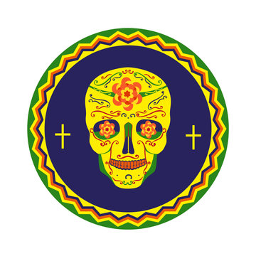 Mexican Dia de los Muertos. Day of the Dead sugar skull, flowers. Traditional holiday celebration emblem. Design of festival party banner sticker with cavalera symbol background. Vector illustration
