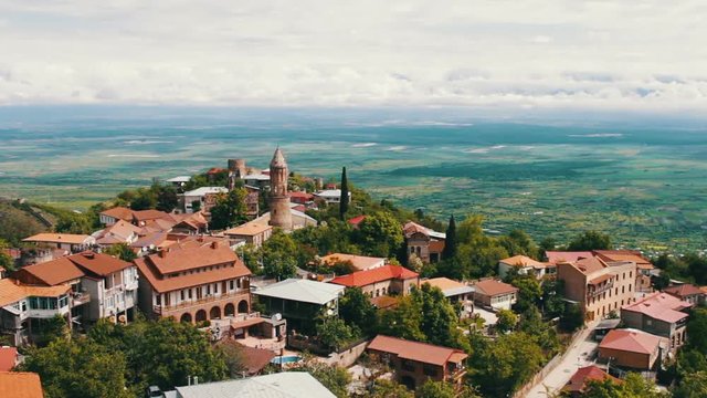 View from the top of a picturesque Alazani Valley.Sighnaghi, Georgia. Panoramic View on the City Landscape.