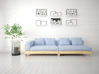 Mock up a bright living room with a blue sofa and an exotic plant.