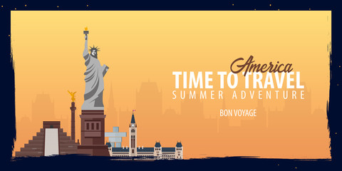Obraz premium America banner. Time to Travel. Journey, trip and vacation. Vector flat illustration.