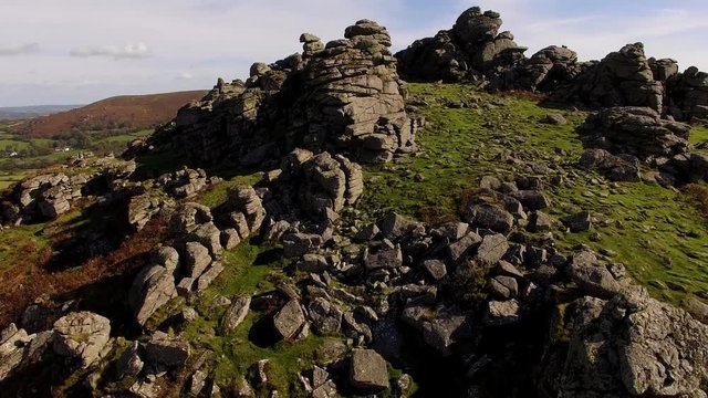 Houndtor Rocks, Aerial Drone Footage, Dartmoor National Park, Devon, British Countryside Landscape