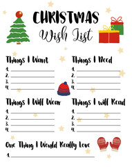 Christmas Wishlist for kids, vector illustration. Cute cartoon hand drawn elements, presents, fir tree, mittens, hat. Holiday card, isolated on white background. Christmas Wish List template.