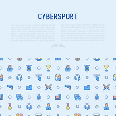 Fototapeta na wymiar Cybersport concept with thin line icons: gamer, computer games, pc, headset, mouse, game controller. Modern vector illustration for banner, web page, print media.