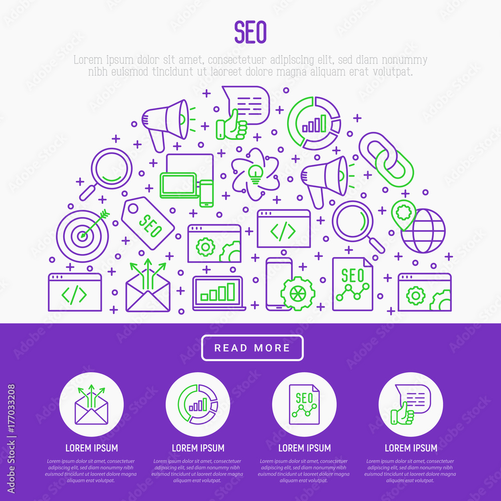 Poster seo and development concept in half circle with thin line icons. vector illustration for banner, web
