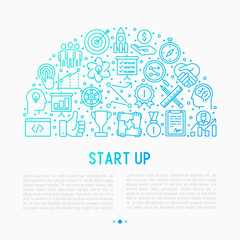 Start up concept in half circle with thin line icons of development, growth, success, idea, investment. Vector illustration for banner, web page, print media with place for text.