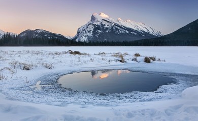 Snowy Distant Mountain Rundle Top reflected in Vermillion Lakes Landscape during cold winter in...