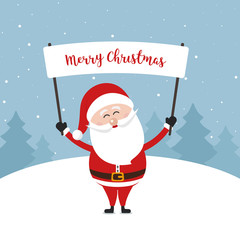 santa claus hold banner sign showing christmas text gretting winter landscape background