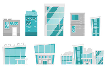 Buildings and houses illustrations set. Collection of modern city buildings, office buildings, glass skyscrapers, urban houses. Vector cartoon illustrations isolated on white background.