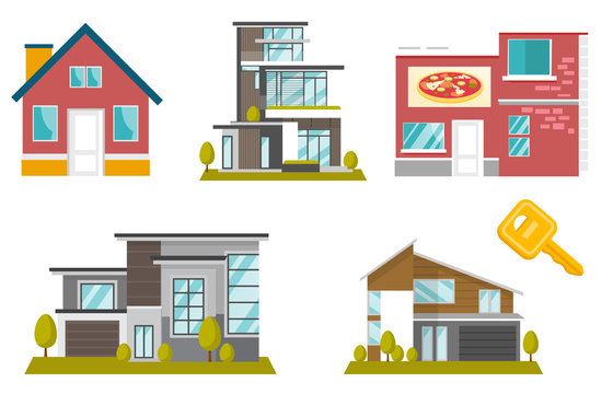 Buildings and houses illustrations set. Collection of colorful modern buildings including detached residential houses, cottages, cafe. Vector cartoon illustrations isolated on white background.