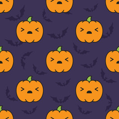 Obraz na płótnie Canvas Seamless halloween pattern with scared kawaii style pumpkins on dark violet background with silhouettes of flittermouse.