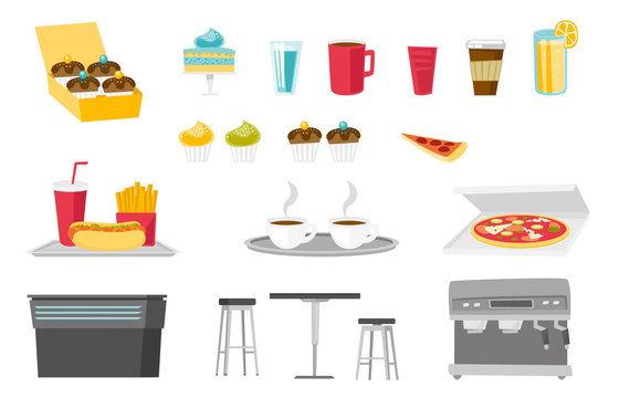 Food and drinks illustrations set. Collection of cupcake, glass of water and juice, cup of tea and coffee, soda, fast food, coffee-machine. Vector cartoon illustrations isolated on white background.