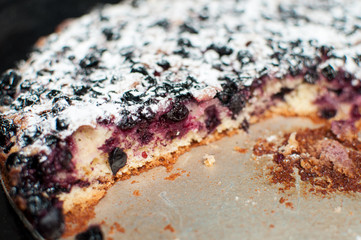 Blackcurrant tart with sugar powder on a round baking tray