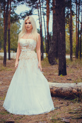 Obraz na płótnie Canvas Romantic tender bride in a white dress in the forest. The concept of a wedding in a rustic style. Beauty of the bride in combination with forest and nature, wedding fashion and dress elements