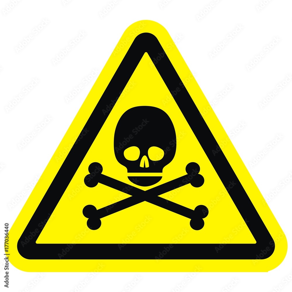 Poster skull at yellow triangle, warning sign, vector icon