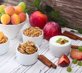 Granola, muesli, nuts, yogurt and fresh fruit