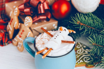 mugs with hot chocolate in which the men from the zyphira relax. concept of a couple