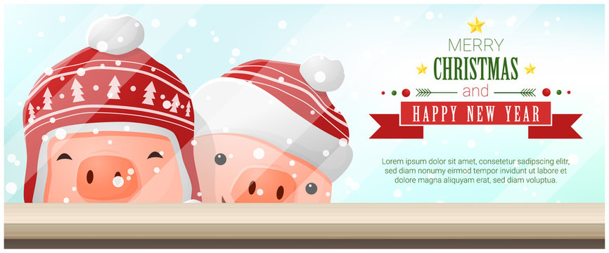 Merry Christmas and Happy New Year background with pigs standing behind window , vector , illustration