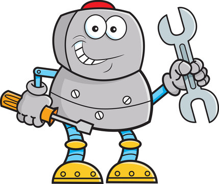 Cartoon illustration of a robot holding tools.