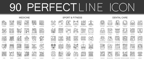 90 outline mini concept infographic symbol icons of medicine, sport and fitness, dental care.