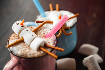 mugs with hot chocolate in which the men from the zyphira relax. concept of a couple