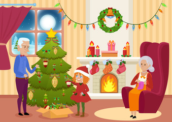 Fototapeta premium Vector illustration of granddaughter and grandfather decorating Christmas tree while grandmother knitting. Christmas eve card.