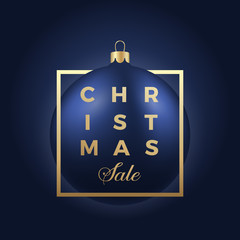 Christmas Sale Banner or Sticker. Blue Ball on Classy Dark Background with Golden Modern Typography