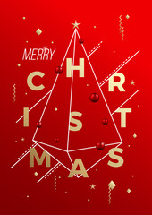 Merry Christmas Abstract Vector Minimalistic Geometry Poster, Card or Background. Classy Red and Gold Colors, Modern Typography, Decorative Elements
