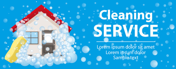 Fototapeta na wymiar Banner and the poster for cleaning services. The house in foam on a blue background. Vector