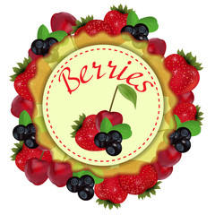 Berries label with strawberry, cherry and blueberry. Vector
