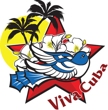 Blue cuban bird, red star, flowers, sun and palms. Icon logo with inscription Viva Cuba.