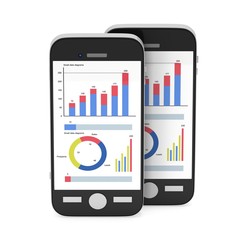 Small Data on Smartphone. Phones with bar graph charts and pie diagram. 3d render isolated on white.