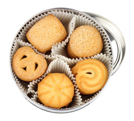 Tin of Danish butter biscuits isolated on a white background
