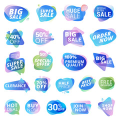 Set of stickers and labels for sale, product promotion, special offer, shopping. Isolated vector illustrations for web design and marketing material.