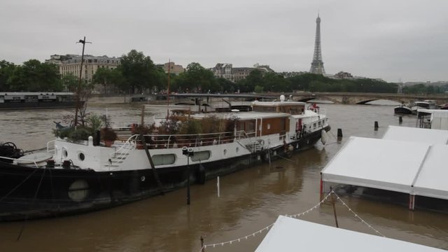 Flood of the Seine in Paris river reaches six meters above normal levels near Eiffel Tower, France