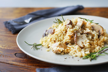 delicious rice with mushrooms and rosemary, risotto.