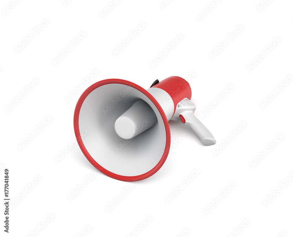Aufkleber 3d rendering of a single red and white megaphone lying in side view on white surface.