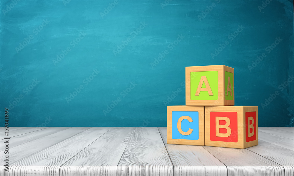 Poster 3d rendering of three toy blocks of different colors with letters a, b and c on them standing on a w