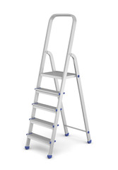 3d rendering of a single metal builder's step ladder with blue fittings isolated on white background.