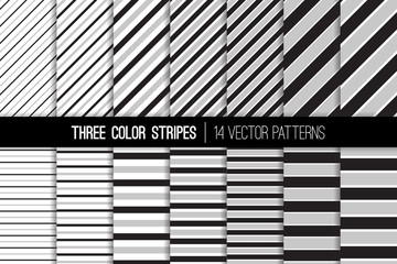 Three Color Stripes Vector Patterns. Black, White and Gray Diagonal and Horizontal Lines. Modern Striped Backgrounds. Set of Pin Stripes and Candy Stripes. Pattern Tile Swatches Included.